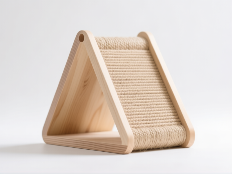 Midjourney/SD Prompt: A sleek, modern A-frame cat scratcher made of natural beige sisal and light pine wood. Clean lines, minimalist design, isolated on a white background. Studio lighting, sharp focus. Style: product photography, high-key, hyper-detailed. --ar 4:5