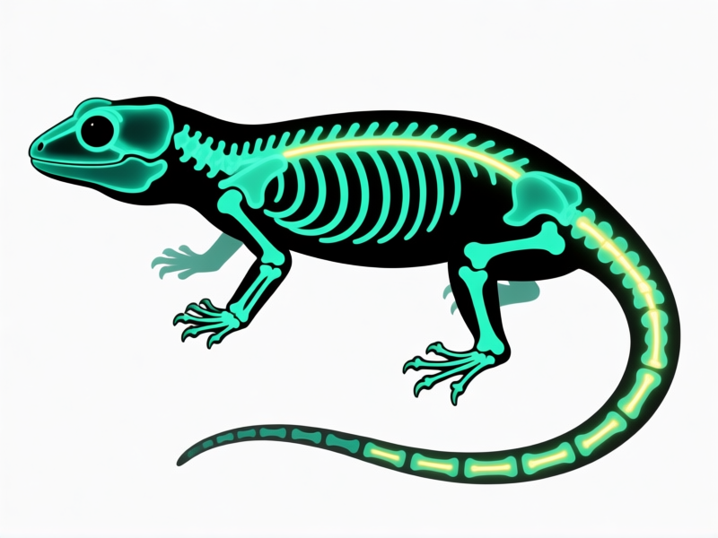 Stable Diffusion prompt: Illustrated diagram, side-view of a leopard gecko skeleton in an x-ray style, glowing vitamin D3 pathways from skin to bones. Simple, clean, scientific infographic style, white background --ar 16:9