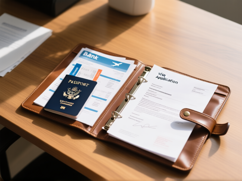 A beautifully organized visa application kit, top-down shot, on a wooden desk: a crisp passport, neatly printed bank statements, flight itinerary, proof of accommodation, a letter from a remote employer, a leather folio, morning light, shallow depth of field, style of detailed product photography, --ar 16:9
