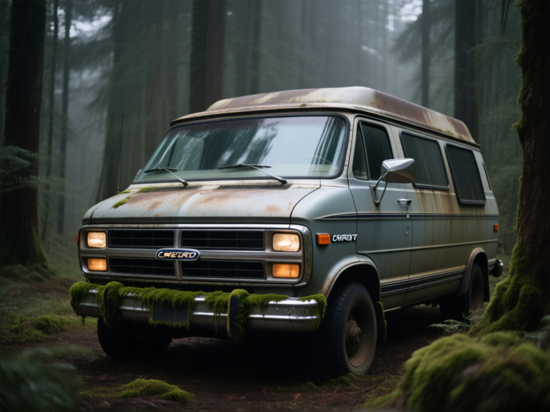 Midjourney Prompt: A rugged, older model high-top van (like a Chevy Express or Ford Econoline) parked in a forest clearing, moss on the bumper. Documentary style, moody and practical, not shiny.