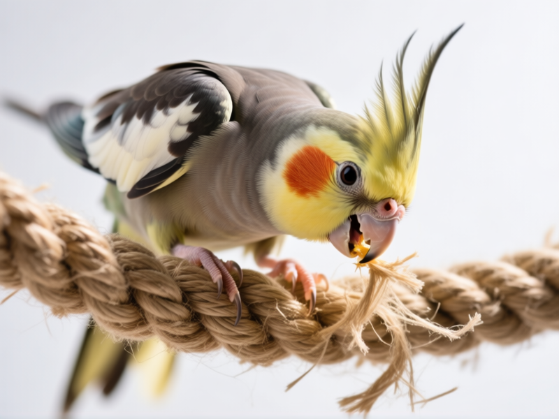 Stable Diffusion prompt: Dynamic shot of a cockatiel vigorously chewing a thick sisal rope perch, fibers fraying naturally, focus on beak and rope texture, bright studio lighting, action photography style