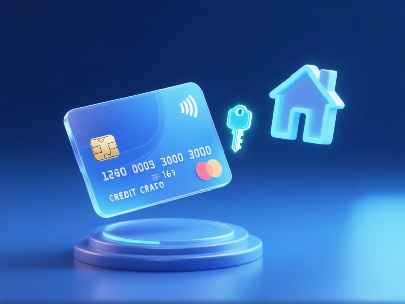 3D animation style, a translucent, futuristic credit card hovers. A smaller, glowing 'digital key' icon detaches from it and floats towards a stylized house icon, while the main card stays locked in place. Clean, blue-toned, tech aesthetic --ar 16:9