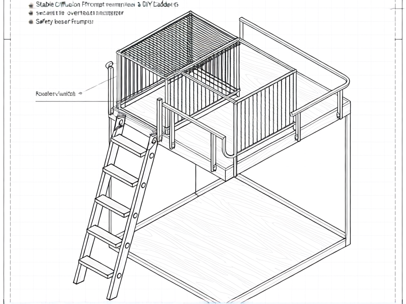 Stable Diffusion Prompt: technical diagram, exploded view of a DIY ladder loft, showing wooden rungs, metal brackets for securing the overhead hamster cage, and safety rails. Line drawing on a blueprint paper background, clean and instructional, detailed labels, isometric view, white background --ar 4:3