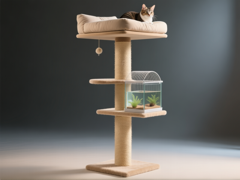 AI-generated image of a tall, sturdy cat tree, its central column wrapped in beige sisal, with a large platform at the top for a cat bed, and a mid-level platform designed to securely hold a glass aquarium hamster cage, studio lighting, photorealistic