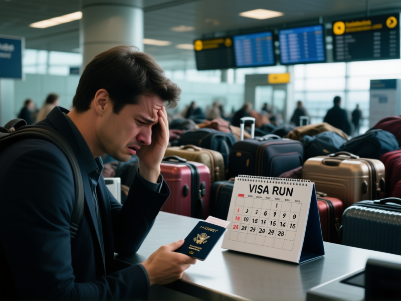 [AI Image Prompt: A person looking stressed at an airport immigration desk, passport in hand, looking at a calendar marked with 'VISA RUN'. Behind them, a chaotic view of packed suitcases and departure boards. Cinematic lighting, high contrast, a feel of tension and rush. --ar 16:9]