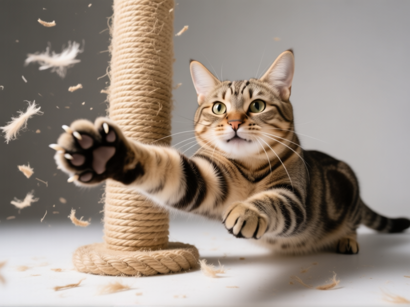 A satisfied-looking tabby cat fully stretching its front paws into a thick, tightly wound natural sisal rope scratching post. Flecks of fiber are flying. Sharp focus on the claws and texture. Studio lighting on a neutral background.