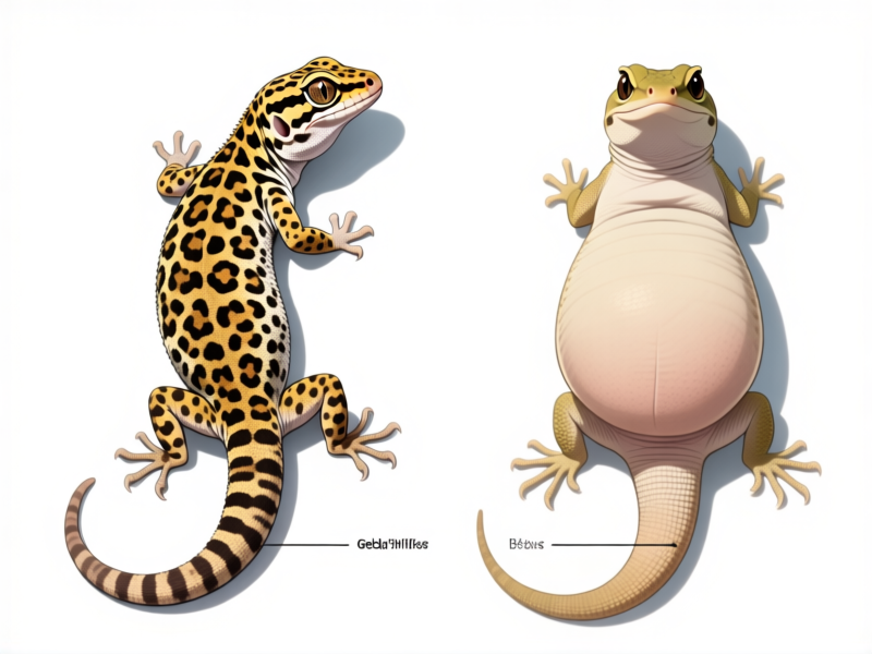[Side-by-side comparison: A healthy leopard gecko belly profile vs. an impacted gecko belly profile, highlighting the distinct lower-abdomen swelling. Scientific illustration style, clean white background, precise labels, cinematic lighting]