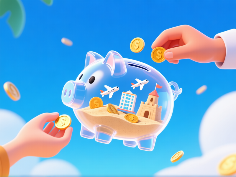 AI image prompt: A shared, transparent digital piggy bank floating in mid-air, filled with tiny airplanes, hotel icons, and sandcastle tokens instead of coins. A man and a woman's hands are both adding tokens to it. Concept art, bright and optimistic, digital illustration style.