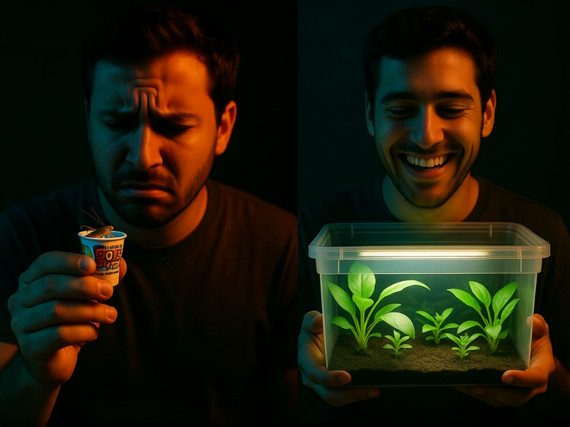 Dramatic split-screen image. Left side: a person looking stressed holding a tiny, overpriced pet store cup of crickets. Right side: same person smiling, holding a well-organized insect colony in a plastic tub. Cinematic lighting.