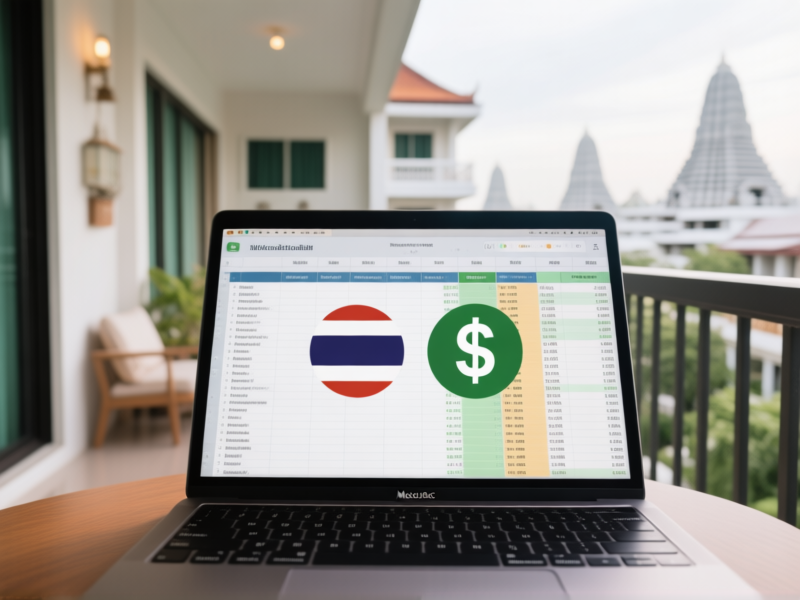 wide-angle view of a digital nomad's budget spreadsheet on a Macbook screen, overlaid with Thai Baht and US Dollar symbols, background is a stylish Bangkok apartment balcony, shallow depth of field --ar 16:9