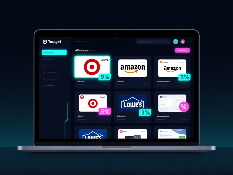 AI Image Prompt: A minimalist digital dashboard on a laptop screen showing multiple websites with gift card logos (Target, Amazon, Lowe's). Some logos are highlighted or tagged with discount percentages. Clean UI, cyberpunk-inspired glowing accents, dark mode. Style: digital illustration with an infographic feel.