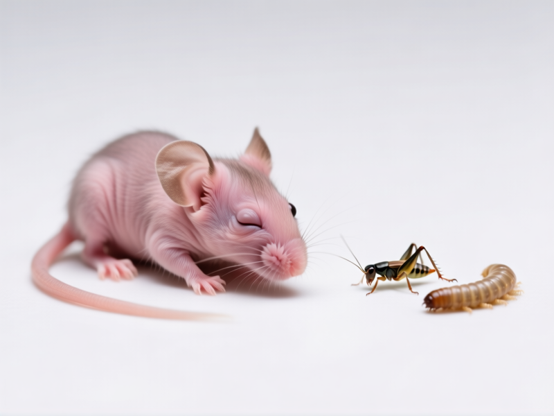 A sterile, detailed close-up of a single pinky mouse (day-old, hairless, eyes closed) on a white background. Side-by-side comparison with a cricket and a mealworm. Focus on size and texture. Scientific, informative photo style.