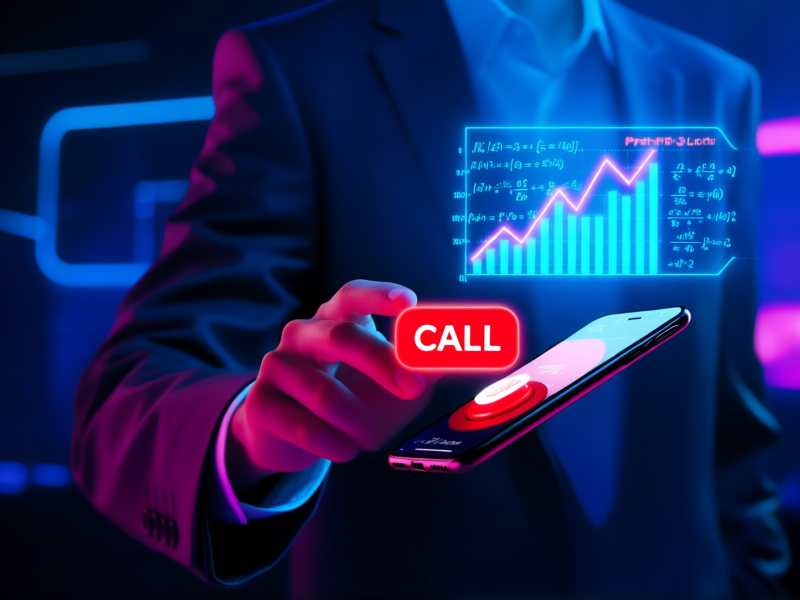 A sharp-dressed person's hand calmly pressing a red 'CALL' button on a smartphone, mathematical formulas and profit/loss charts glowing in a holographic overlay in the background, cyberpunk aesthetics, sharp focus, vibrant colors