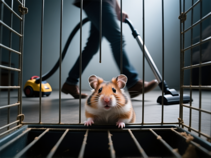 AI Image Prompt: A hamster's perspective from inside a cage, looking out through the bars. A blurry human figure walks past quickly, feet looming large, a vacuum cleaner in the background. The image conveys a sense of looming, unpredictable movement. Shot on a wide-angle lens, shallow depth of field, moody lighting. --ar 16:9 --style raw
