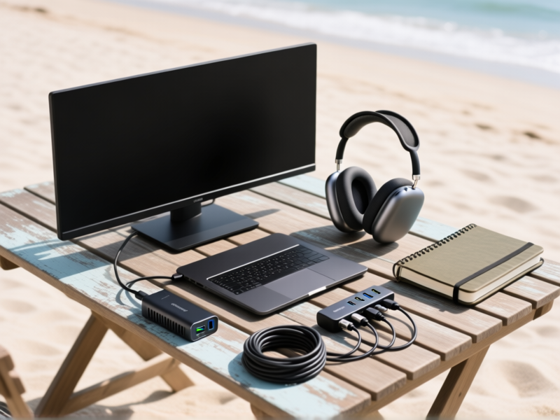 Midjourney prompt: Flat lay shot of essential gear on a weathered wooden beach table. A matte black laptop, a portable external monitor, noise-cancelling headphones, a multi-port charging hub, several cables neatly coiled, a rugged notebook. Clean, bright studio lighting, sharp focus, product photography style. --v 6.0 --ar 4:3
