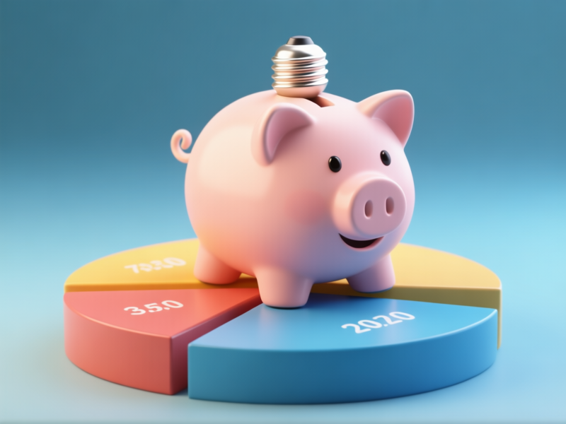 Conceptual image of a lightbulb shaped like a piggy bank over a financial pie chart, symbolizing a smart idea for money, minimalist 3D render, bright and hopeful, Stable Diffusion prompt.