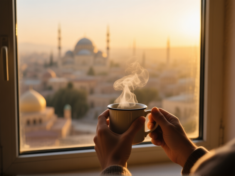 Midjourney prompt: A person's hands holding a steaming mug, looking out a large window at a blurry, beautiful foreign cityscape at golden hour. Shot on 35mm film, grainy texture, contemplative mood, focus on the hands and mug, --ar 4:5