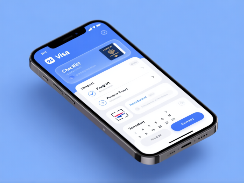 A clean, modern smartphone screen showing a sleek travel app interface with visa checklist, passport scan, and calendar reminders, hyperrealistic, digital UI, glassmorphism, --ar 16:9