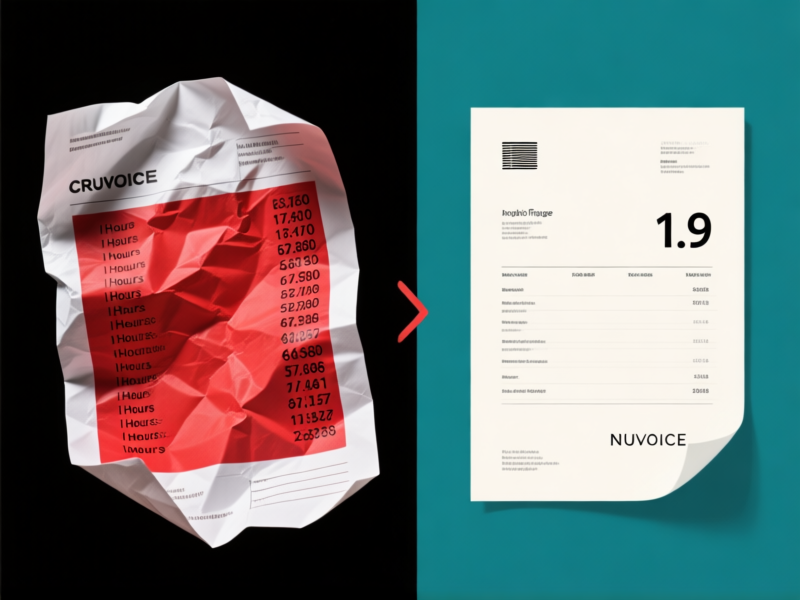 AI Image Prompt: Dramatic split image. Left side: A crumpled invoice with a huge, intimidating number of hours listed in red. Right side: A clean, elegant invoice with a single figure like 