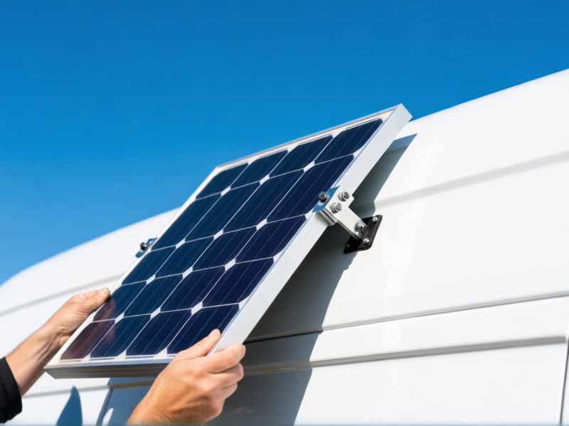 A close-up, detailed shot of a single 200W flexible monocrystalline solar panel being installed on the curved roof of a white Sprinter van under a clear blue sky. Side-view, hands tightening mounting brackets. Style: photorealistic, professional product photography, focused on solar cell texture and mounting hardware.