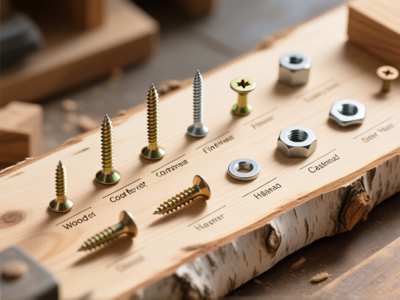 Midjourney Prompt: A clear, labeled diagram-style flat-lay of different wood screw types (coarse thread, fine thread, washer head, etc.) on a raw birch wood plank. Natural woodshop lighting, soft shadows, overhead shot. Technical illustration, hyper-realistic.