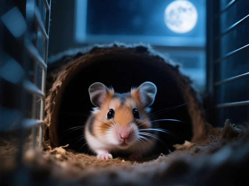 Macro, detailed shot from inside a hamster habitat at night. The view is of the burrow entrance, showing a Syrian hamster's face peeking out into complete darkness, whiskers twitching, eyes bright. Soft, cool moonlight faintly filters in from a window in the blurred background. --ar 4:3 --style raw