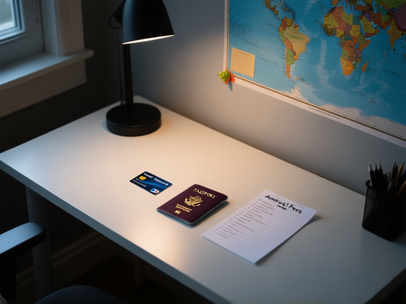 A serene home office desk with a single, sleek travel rewards credit card, a passport, a neatly written list of annual fees and benefits, and a world map pinned to the wall. Everything is orderly. Moody, focused lighting, top-down shot. Hyper-realistic still life.