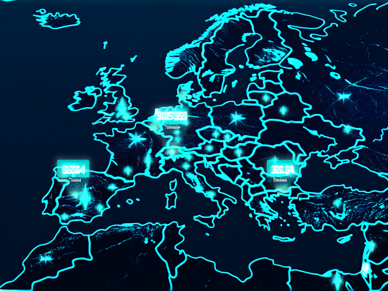 A bird's-eye view map of Europe and Asia, with glowing lines connecting major cities like Lisbon, Tallinn, and Bangkok. Each line pulses with data, and speed test numbers hover over each location. Digital, vibrant, high-tech aesthetic.