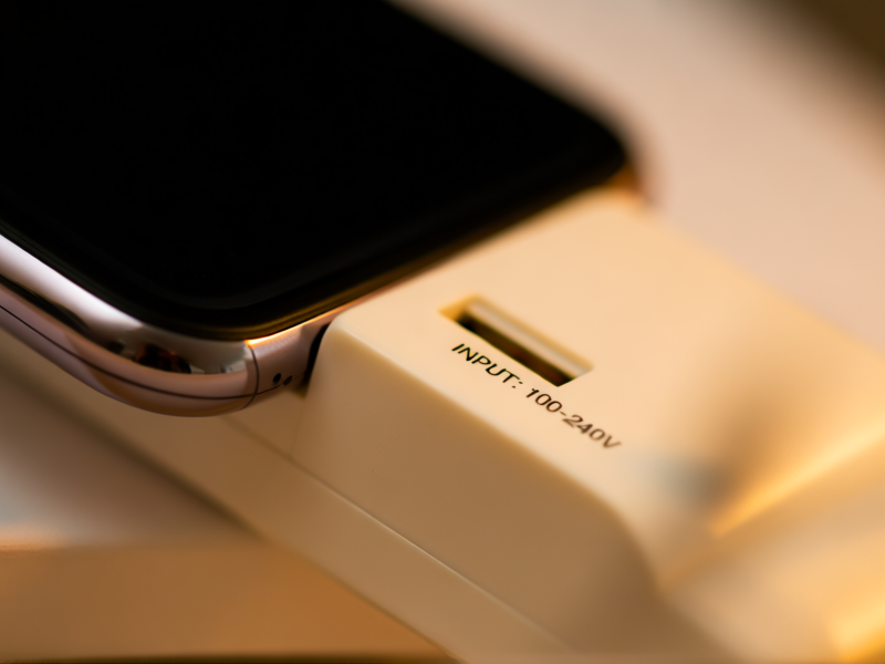 A close-up of a modern smartphone and laptop charger, with tiny text 'INPUT: 100-240V' clearly visible and highlighted. Macro lens, shallow depth of field, warm light.
