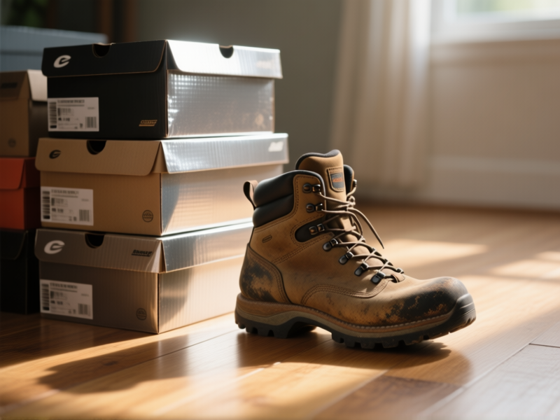 Stable Diffusion prompt: A single, well-worn hiking boot next to a pile of shiny, brand-new boot boxes, warm morning light streaming onto a wooden floor, minimalist composition, focus on texture and wear, photorealistic, calm and intentional vibe.