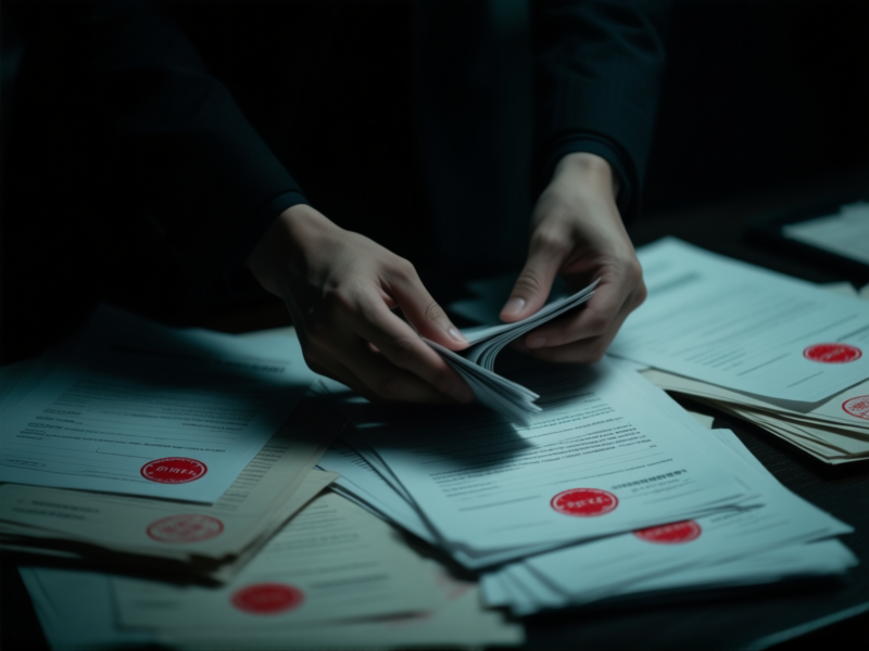 Dark, moody cinematic shot of a person's hands shuffling through confusing, official-looking documents with red stamps. Sense of tension and complexity.
