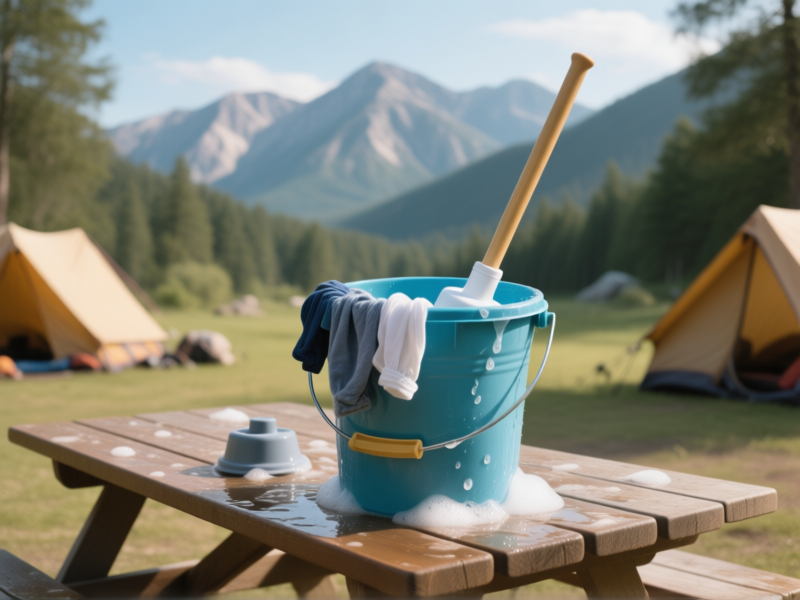 Midjourney prompt: A 5-gallon bucket with a clean toilet plunger (new, dedicated) inside, clothes visible in soapy water. Set on a picnic table in a scenic campsite, mountains in background. Photorealistic, detailed, practical vibe --ar 16:9