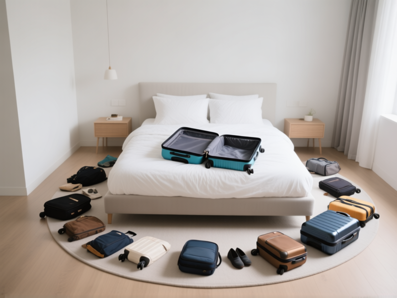 Stable Diffusion prompt: A clean, minimalist bedroom with a large, empty suitcase open on the bed. All travel items are spread out on the floor in a semi-circle around it, a dedicated 