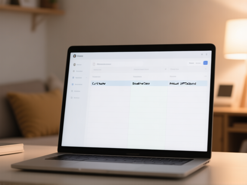 A clean, simple spreadsheet interface on a laptop screen, focused on just three columns: Card Name, Deadline Date, and Amount Left to Spend, minimalist aesthetic, soft glow on the screen, cozy home office background --ar 16:9