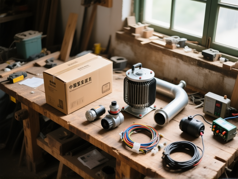 aerial top-down view on a rustic wooden workbench, a new Chinese diesel heater kit still in its box, components neatly laid out: heater unit, fuel pump, exhaust pipe, wiring harness, controller, realistic workbench clutter, shallow depth of field, natural window light --ar 16:9 --style raw