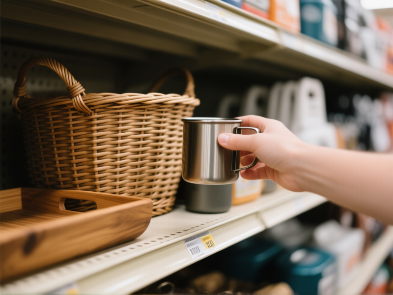 Close-up, first-person view reaching for items in a thrift store: a woven basket, a sturdy wooden tray, a metal camping mug. Soft focus on the background. [Photorealistic] --ar 4:3