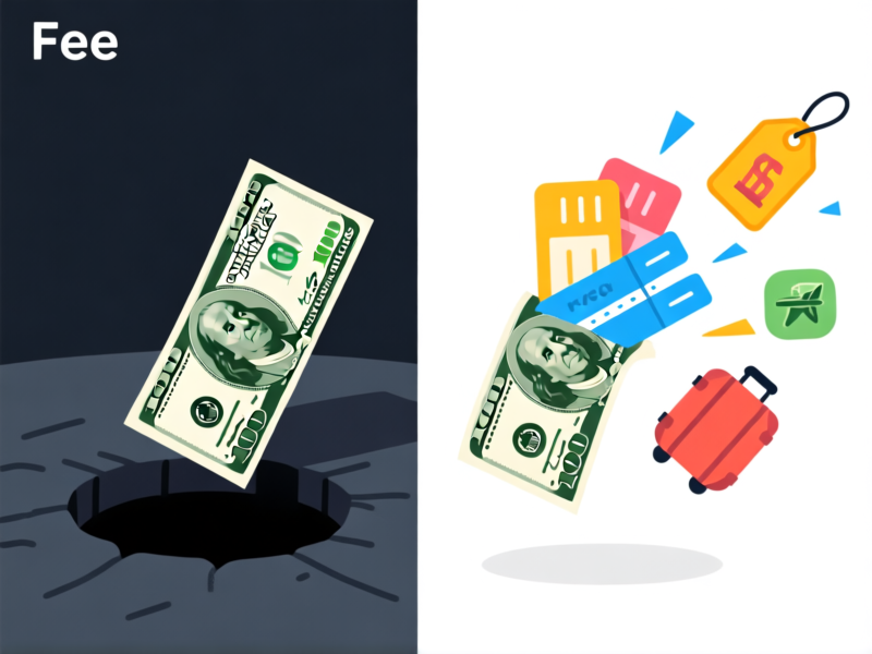 AI Image Prompt: A visual metaphor: on the left, a single $100 bill falling into a dark hole labeled 'Fee'. On the right, the same $100 bill transforming into airline tickets, a hotel stay icon, and luggage tags flying out, bright and colorful, vector illustration style, clean white background --ar 16:9 --v 6.0