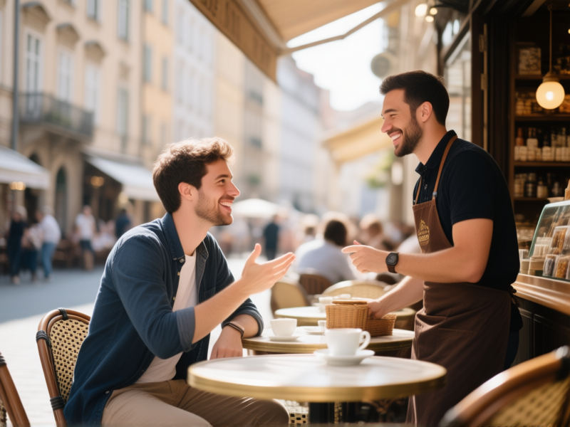 Stable Diffusion prompt: A casual, candid photo of a freelancer having a conversation with a local shop owner in a bustling European café, natural light, authentic smiles, shallow depth of field, photojournalistic style --ar 4:3