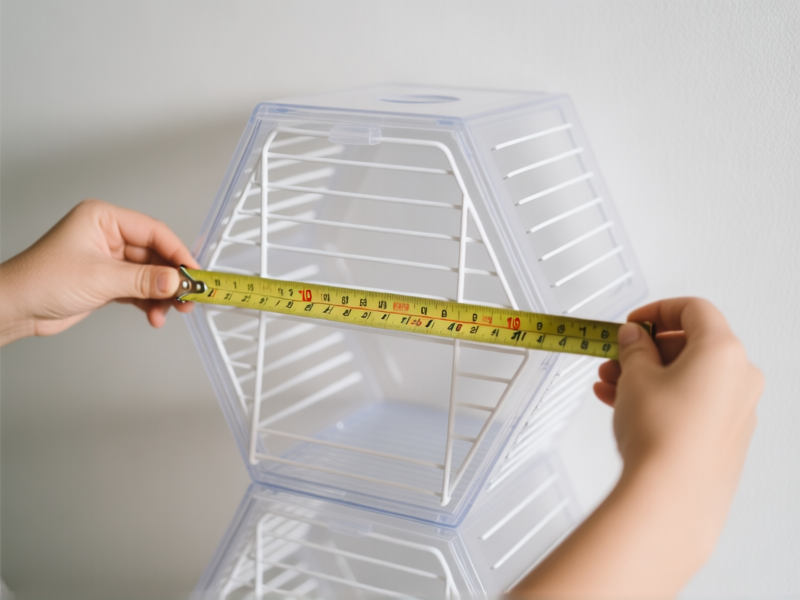 Close-up shot of hands measuring a tall, hexagonal hamster cage made of clear plastic and white metal vents. A tape measure is shown. The cage is against a blank wall. Focus on the cage's structural lines, depth, and texture. --ar 16:9
