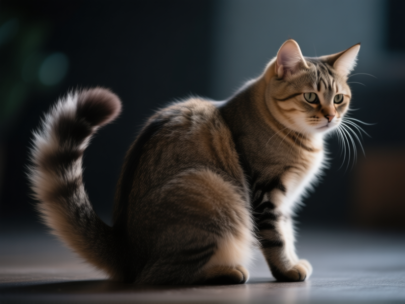 Stable Diffusion prompt: A detailed close-up of an anxious cat's body language: puffed tail, arched back, and sideways posture. Shot with a macro lens, shallow depth of field highlighting the raised fur. Moody lighting, cinematic feel, hyper-detailed.
