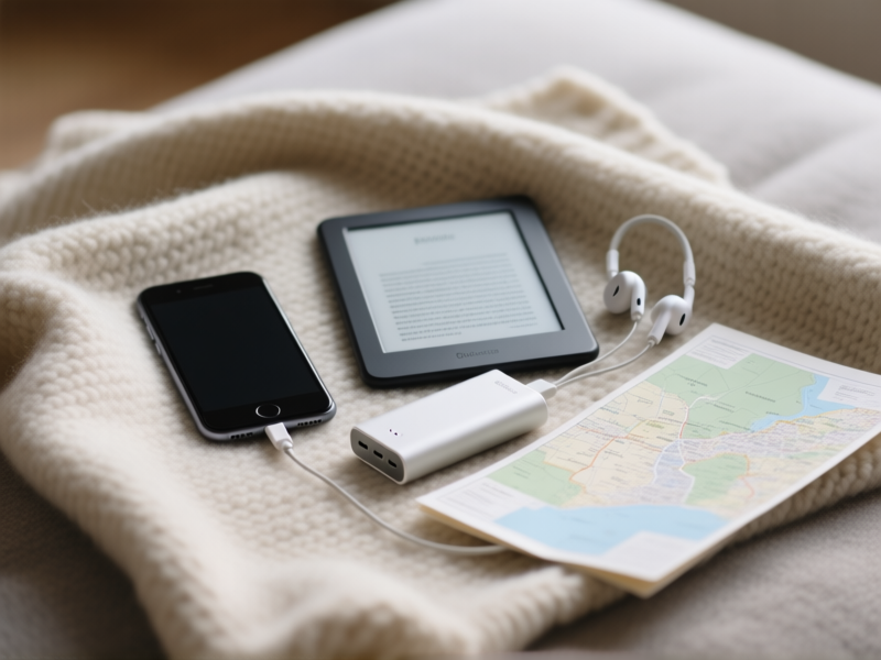 Midjourney Prompt: A curated minimalist tech kit on a wool blanket. One smartphone, a simple e-reader, wired headphones, a small power bank, and a paper map. Tactile, detailed photo, soft focus background. --ar 16:9