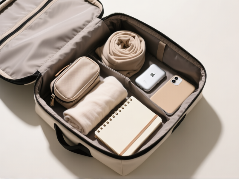 Detailed shot from above of an open, organized bag interior. Rolled clothes in neutral colors, a small dopp kit, a compact tech pouch, a notebook. Minimal, clean, ready. Top-down photography, soft shadows. --ar 16:9