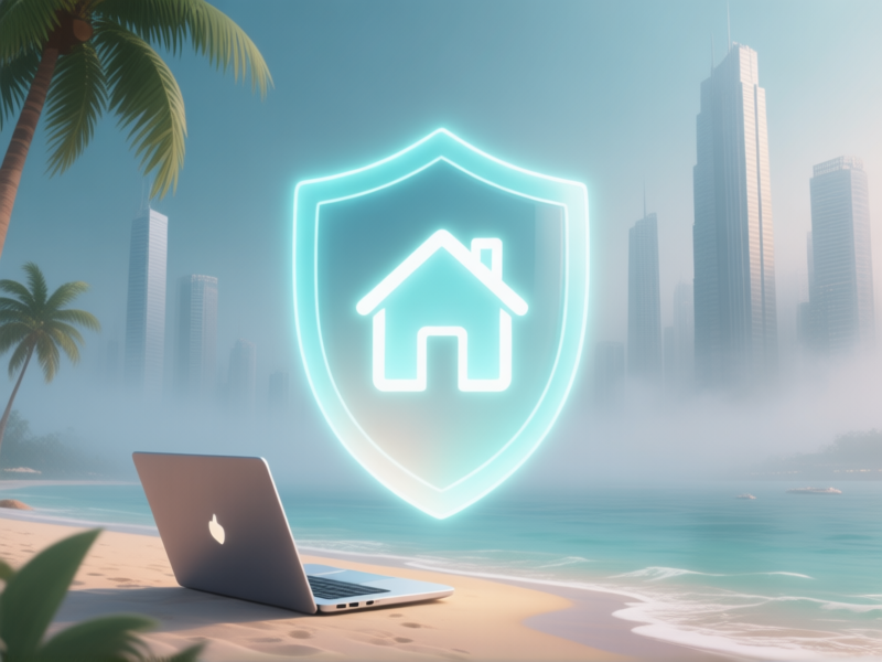 conceptual illustration of a glowing, stylized shield with a house icon in the center, floating between a laptop on a tropical beach and skyscrapers in a foggy financial district. The shield protects the laptop. Digital art, clean lines, elegant metaphor, soft gradients. --ar 16:9