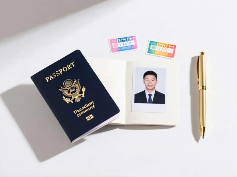 A clean, flat lay photograph from above. A pristine passport open to the photo page, next to a professional headshot against a white background, two colorful entry/exit stamps, and a simple gold pen. Sharp focus, clean shadows --ar 4:3