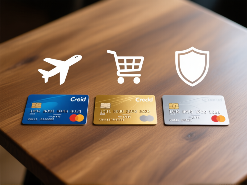 Clean product shot from above, three distinct credit cards (one blue, one gold, one silver) laid side-by-side on a wooden table with simple icons floating above each: an airplane, a shopping cart, a shield, minimalist, sharp focus, studio lighting