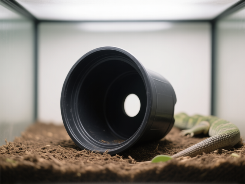 A clean, empty black plastic plant pot on its side on reptile substrate, with a smooth entrance hole cut into it, soft overhead lighting, minimalist terrarium background, photorealistic