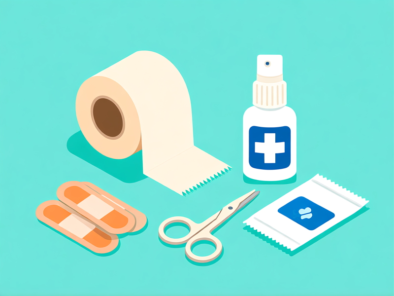 Minimalist vector art style illustration of essential medical supplies: a roll of medical tape, a few blister plasters, antiseptic spray, small trauma shears, and a packet of ibuprofen on a solid pastel background. Clean, clear, and informational.