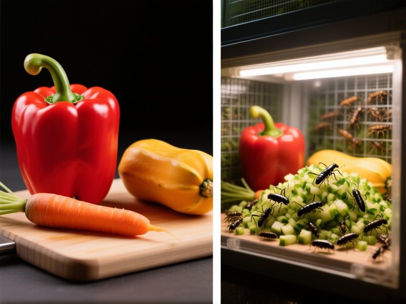 Split-screen image. Left: vibrant red bell peppers, carrots, and squash on a cutting board. Right: same items finely chopped inside a well-kept insect colony. Photo realistic, studio lighting on food, ambient light in enclosure --ar 16:9