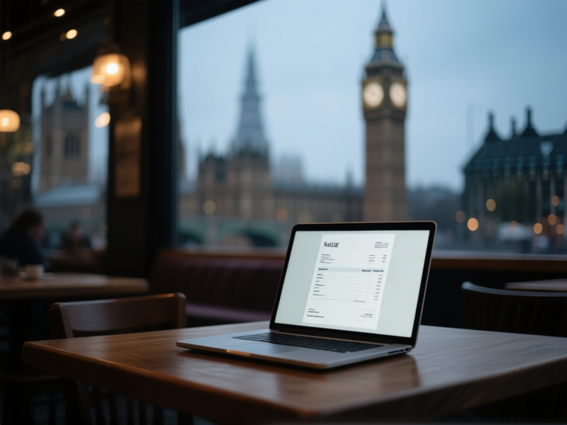 A moody, atmospheric scene. A laptop sits open on a wooden table in a cafe, screen glowing. On the screen is a simple, clean invoice template. In the blurred background, out of focus, are iconic but generic foreign city landmarks (like a non-specific European-style bell tower). Vibe: focused work, location irrelevance. Style: Cinematic, moody lighting, bokeh background.