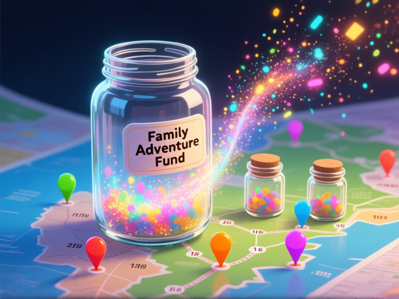 Illustrative concept art, a transparent glass jar labeled 'Family Adventure Fund' on a map, colorful points and miles flowing like glowing dust from three smaller jars into the big one, particle effects, digital art style, vibrant